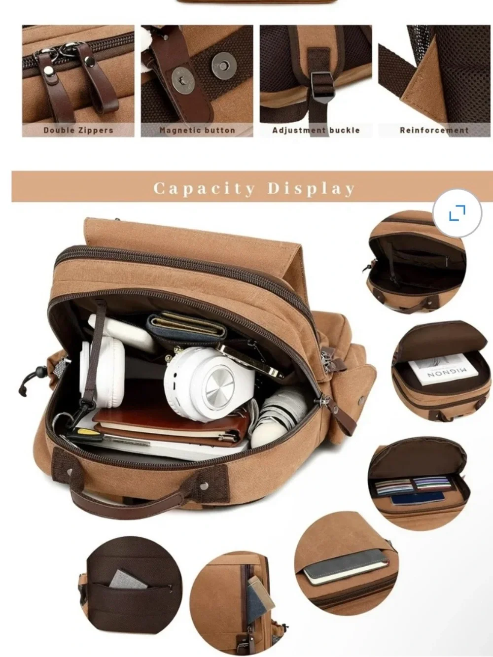NEW MYGREEN Brown Backpack Zip & Buckle Closure, Leather Trim, Adjustable Strap